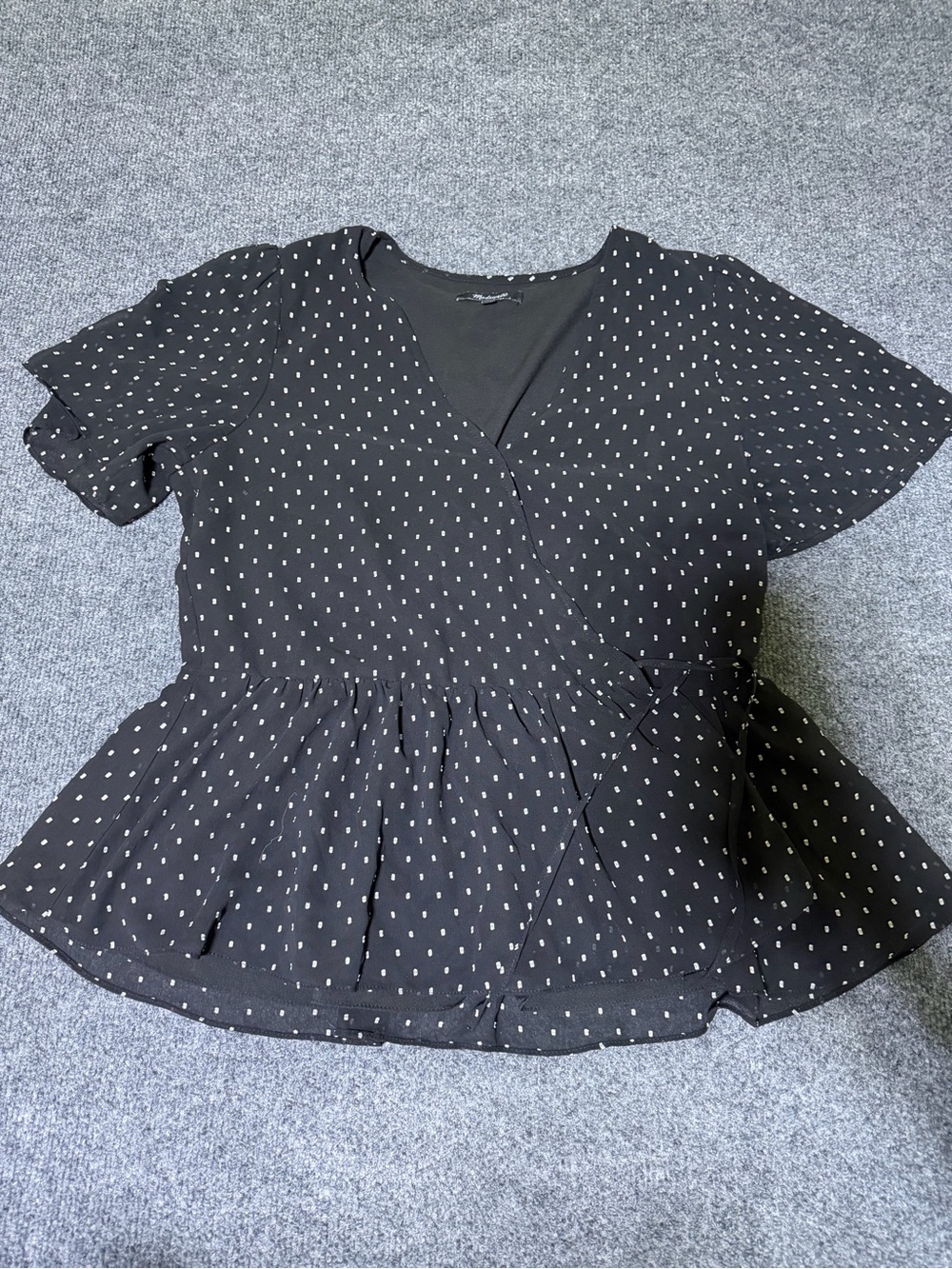 Madewell Black Wrap Peplum Blouse with White Dot Print
